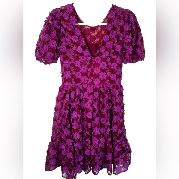 DRESS THE POPULATION Puff Sleeve & Flare Red and Purple Lace Appliqué Dress XS‎ - Picture 4 of 5